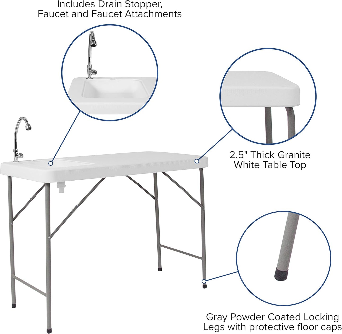 Flash Furniture Wesley 4' Portable Fish Cleaning Table with Sink, Outdoor Portable Folding Camping Sink Table with Faucet, and Hose Attachment, White