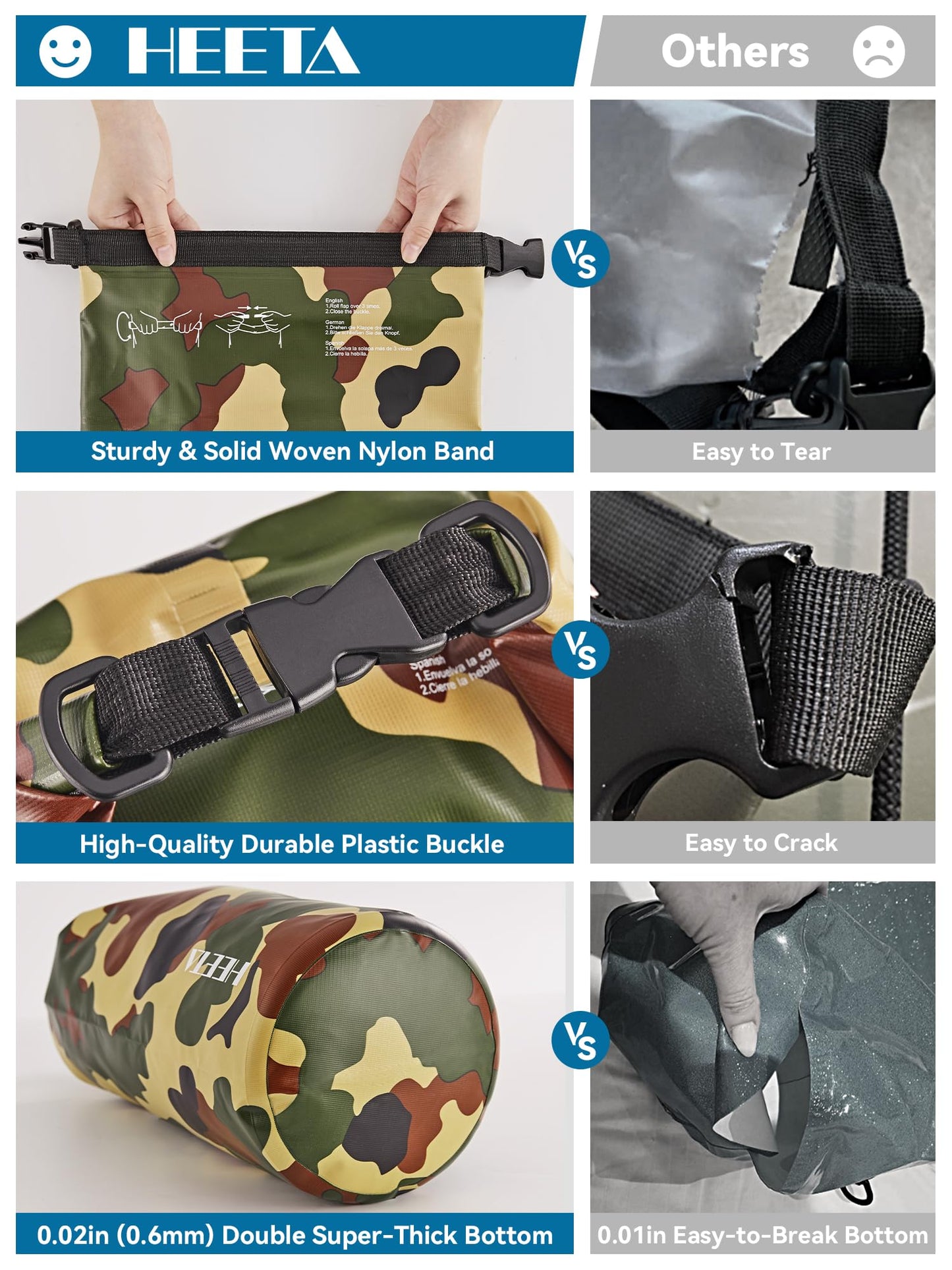 HEETA Waterproof Dry Bag for Women Men, Roll Top Lightweight Dry Storage Bag Backpack with Emergency Whistle for Travel, Kayaking, Boating, Camping, Beach, Cruise Ship Essentials (New Camouflage, 5L)