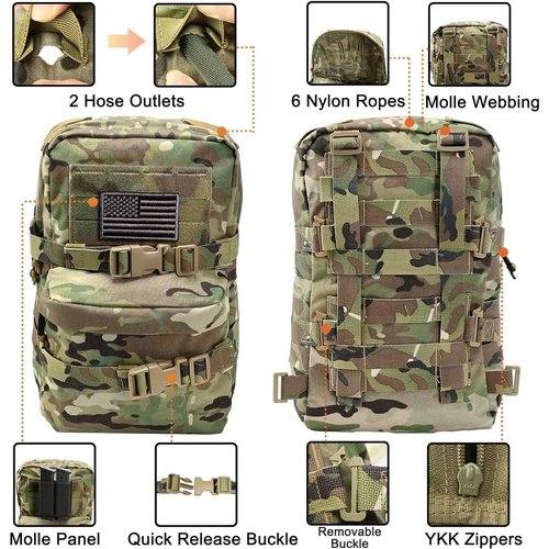 Tactical Mini Molle Hydration Pack,Molle Hydration Carrier with US Flag Nylon Water Resistant,Hydropack 2L Water Bladder for Tactical Vest Backpack(CP)