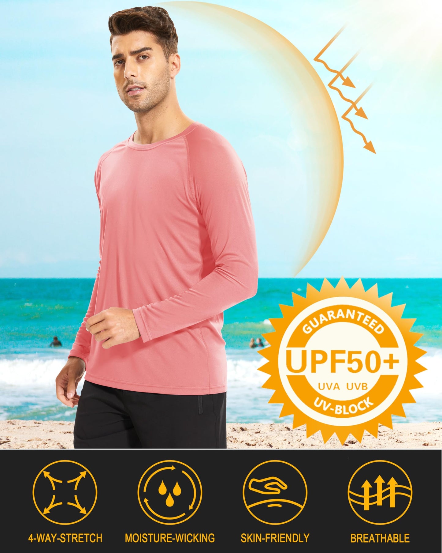 MAGCOMSEN Men's Shirt Rash Guard Long Sleeve Sun Shirts UV Protection SPF UPF Swim Polyester Clothing Watermelon Red,3XL