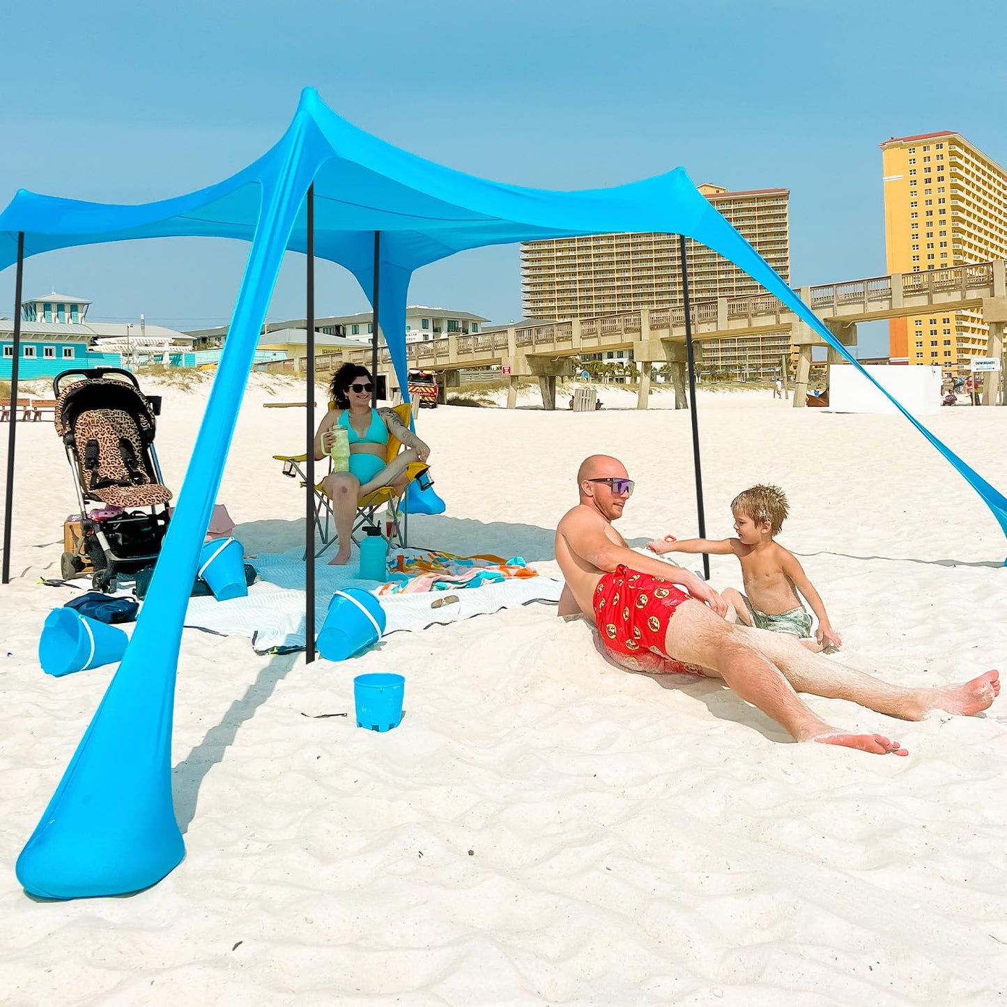 AMMSUN Beach Tent Portable Beach Canopy,11ft X 11ft Sun Shelter Easy Setup, 11'x11' Lycra Sun Shade with UPF50+ Protection 4 Sand Bags & 4 Poles for Family at The Camping, Beach & Outdoor