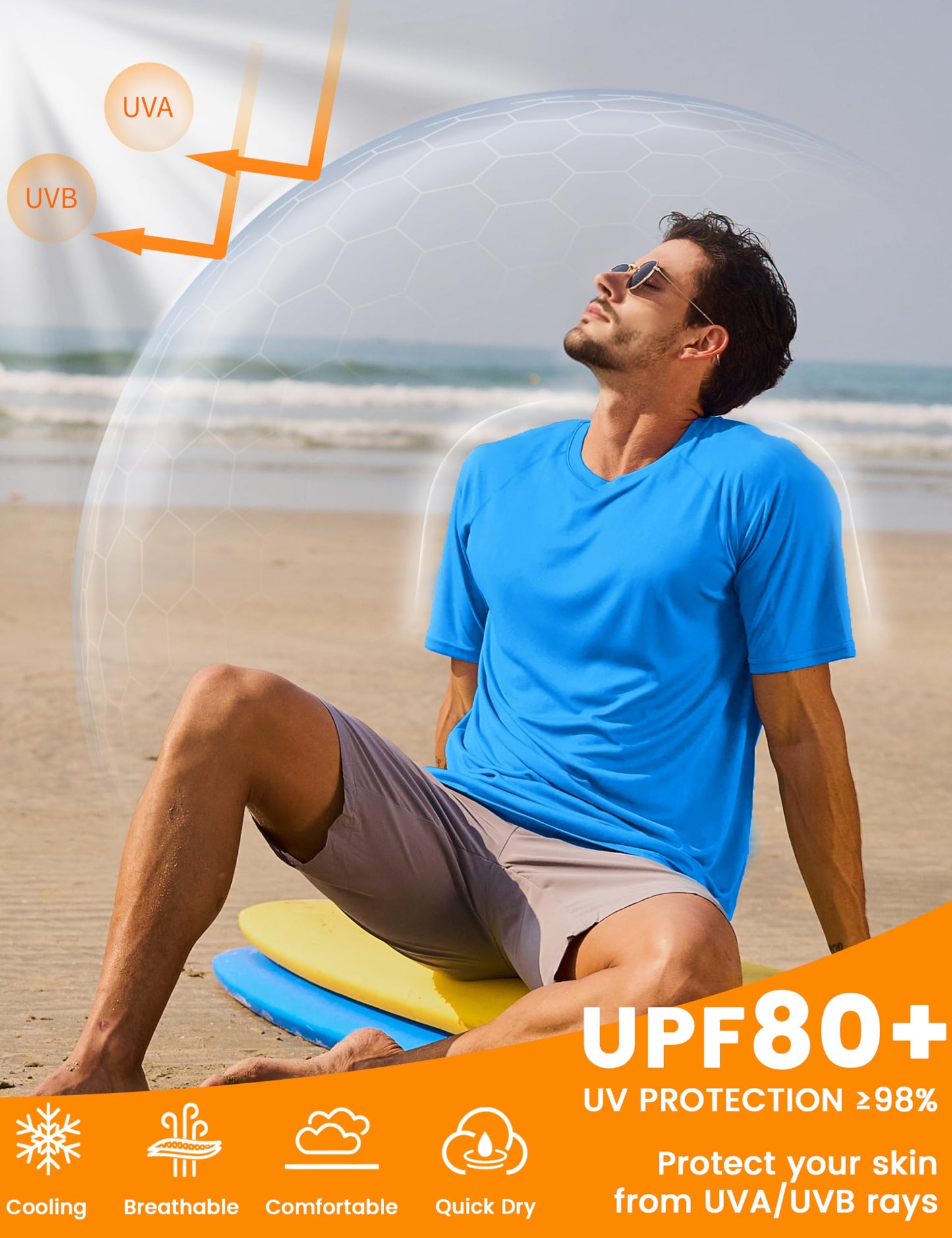 MAGCOMSEN Mens Quick Dry Sun Shirt UPF 80+ Short Sleeve Shirts UV Protection Rash Guard for Swimming Azure, M