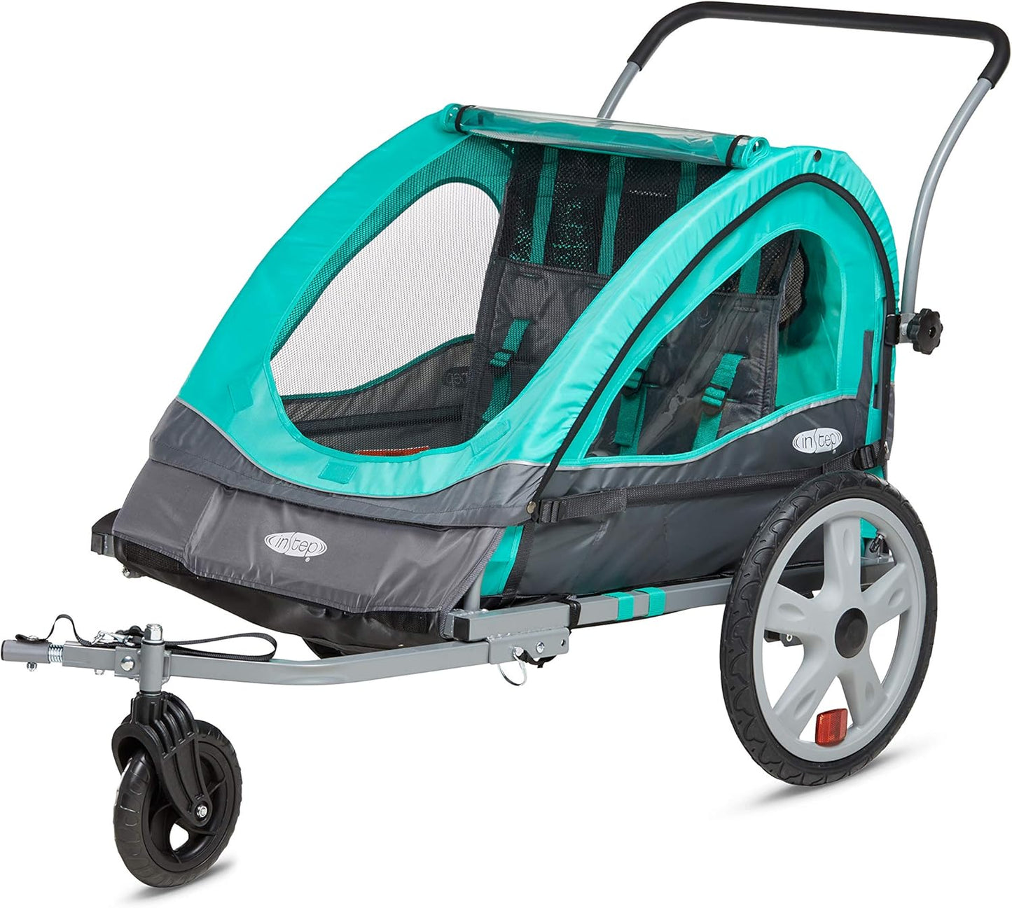 Quick-N-EZ Double Tow Behind Bike Trailer for Toddlers, Kids, Converts to Stroller, Jogger, 2-in-1 Canopy, Universal Bicycle Coupler, Folding Frame, Multiple Colors