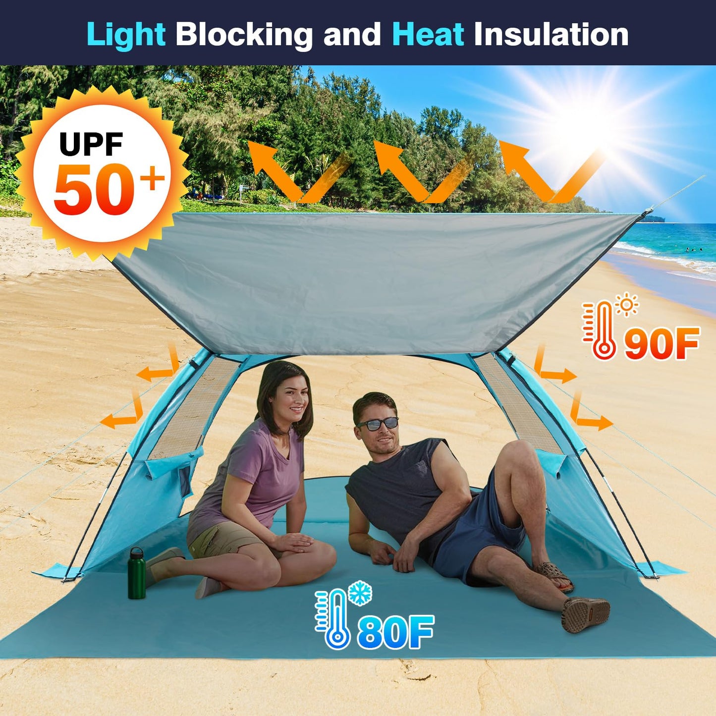 DLUCKY Beach Tent for 1/2-3/4 Person,Anti-UV Portable Sun Shade ShelterUPF 50+,Both Sides Extendable Floor,Extendable Awning,with 2 Ventilating Mesh Windows,Lightweight & Easy Setup.