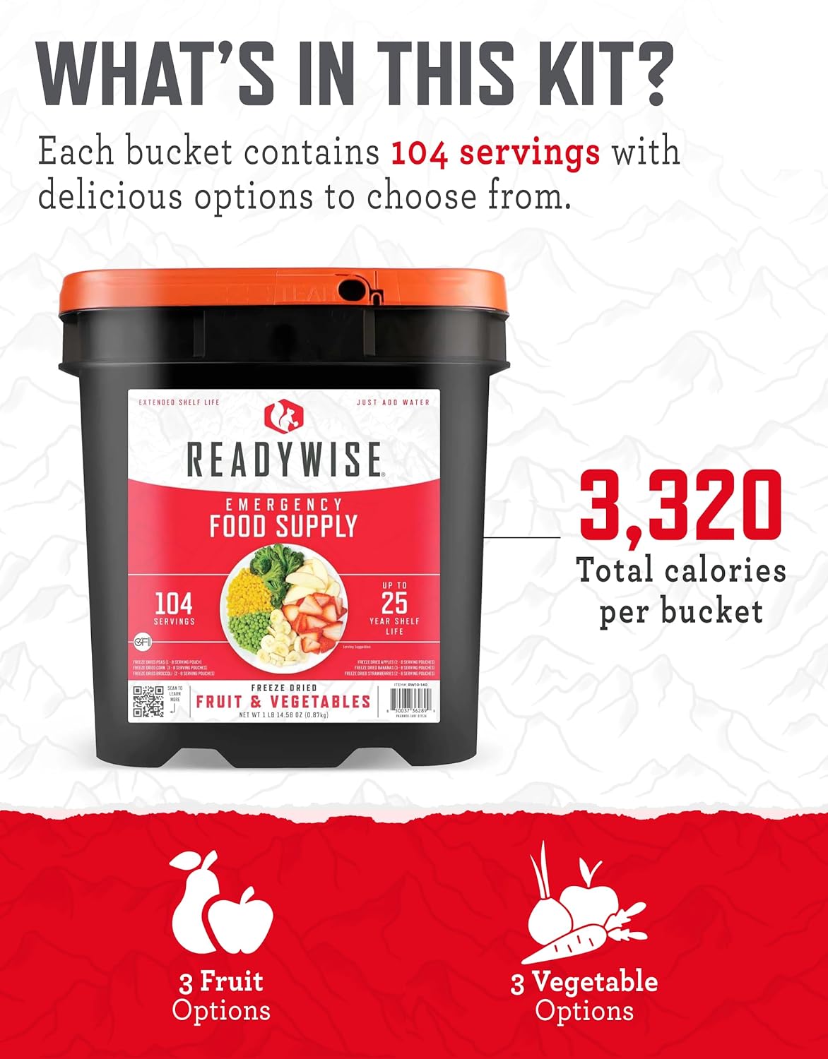 ReadyWise Emergency Food Supply - 132 Servings Survival Bucket, Dehydrated Meals for Camping & Disaster Prep, 25-Year Shelf Life