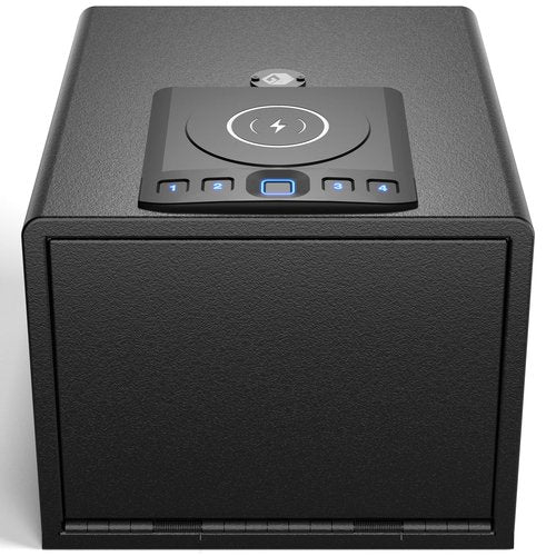 Grimtron Biometric Gun Safe for Handgun with Wireless Charging,Pistol Safe Quick Access Auto Open, Silent Mode and Adapter Nightstand Pistol-Safe up to 4 pstols (Black)