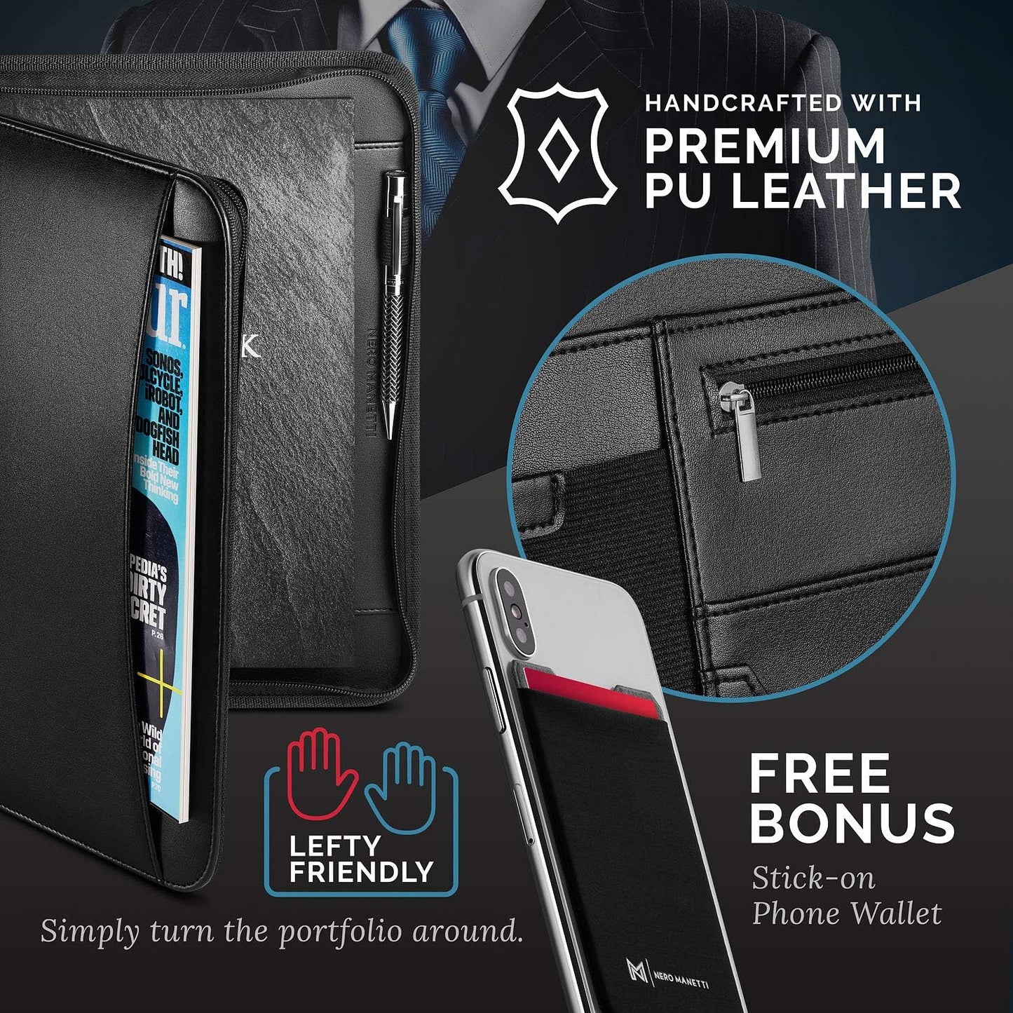 NERO MANETTI- Zippered Vegan Leather Padfolio/Portfolio Pad Holder-Business PU Leather Notepad Folder for Resumes, Interviews, iPad/Tablet, Phone, Legal Pad Notebook Executive Binder for Women, Men