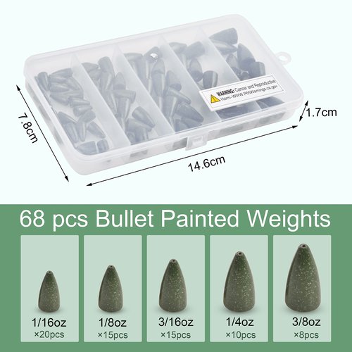 Bullet Fishing Weights Sinkers Kit, 68pcs Painted Worm Weights Fishing Sinkers Texas Rig Weights Slip Sinkers Assorted Set for Bass Fishing Saltwater Freshwater
