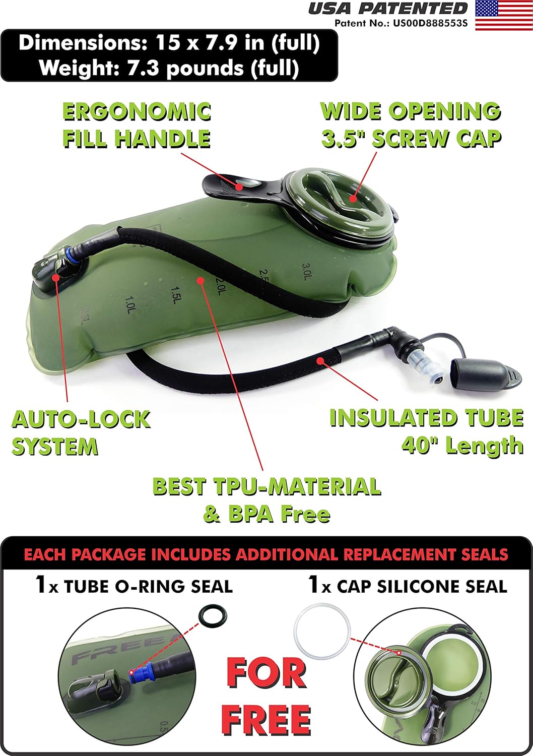 FREEMOVE Hydration Bladder 2L / 3L Water Bladder for Hiking Backpack &gt;Blue or Green&lt; Leak Proof Hydration Pack, Tasteless & BPA Free, TPU Water Reservoir, Quick Release Insulated Tube & Shutoff Valve