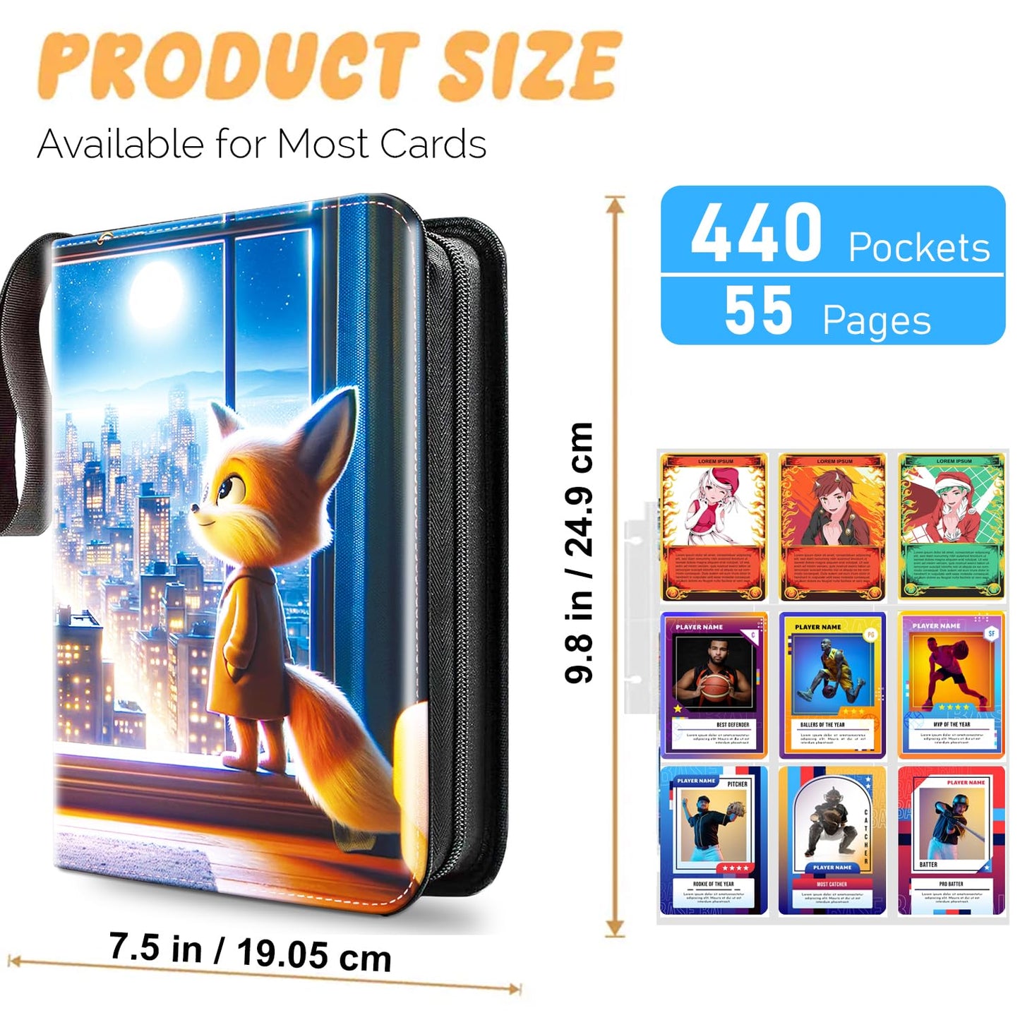 440 Pockets Trading Card Binder with Sleeves, Sport Binder Baseball Football Card Book Album with 50 Removable Pages, Zipper Card Binder Folder with Strap, Card Collector Gift (Waterproof Leather)