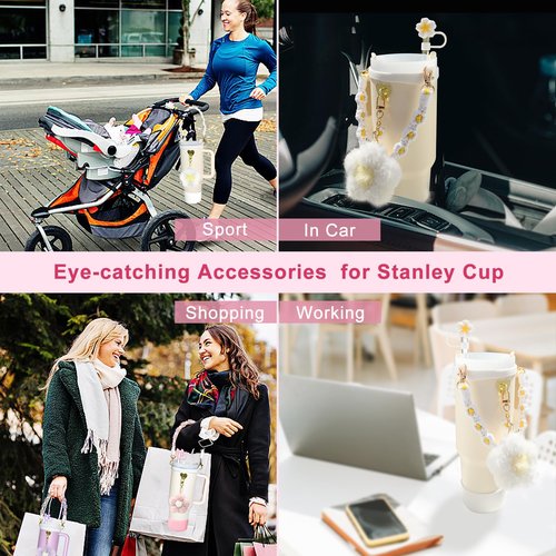 with Stanley Cup Accessories including Cute Pom-pom Stanley Charms, Water Bottle Handle Strap, Silicone Boot, and 0.4" Straw Cover for 30oz 40oz Tumbler Accessories, Pink