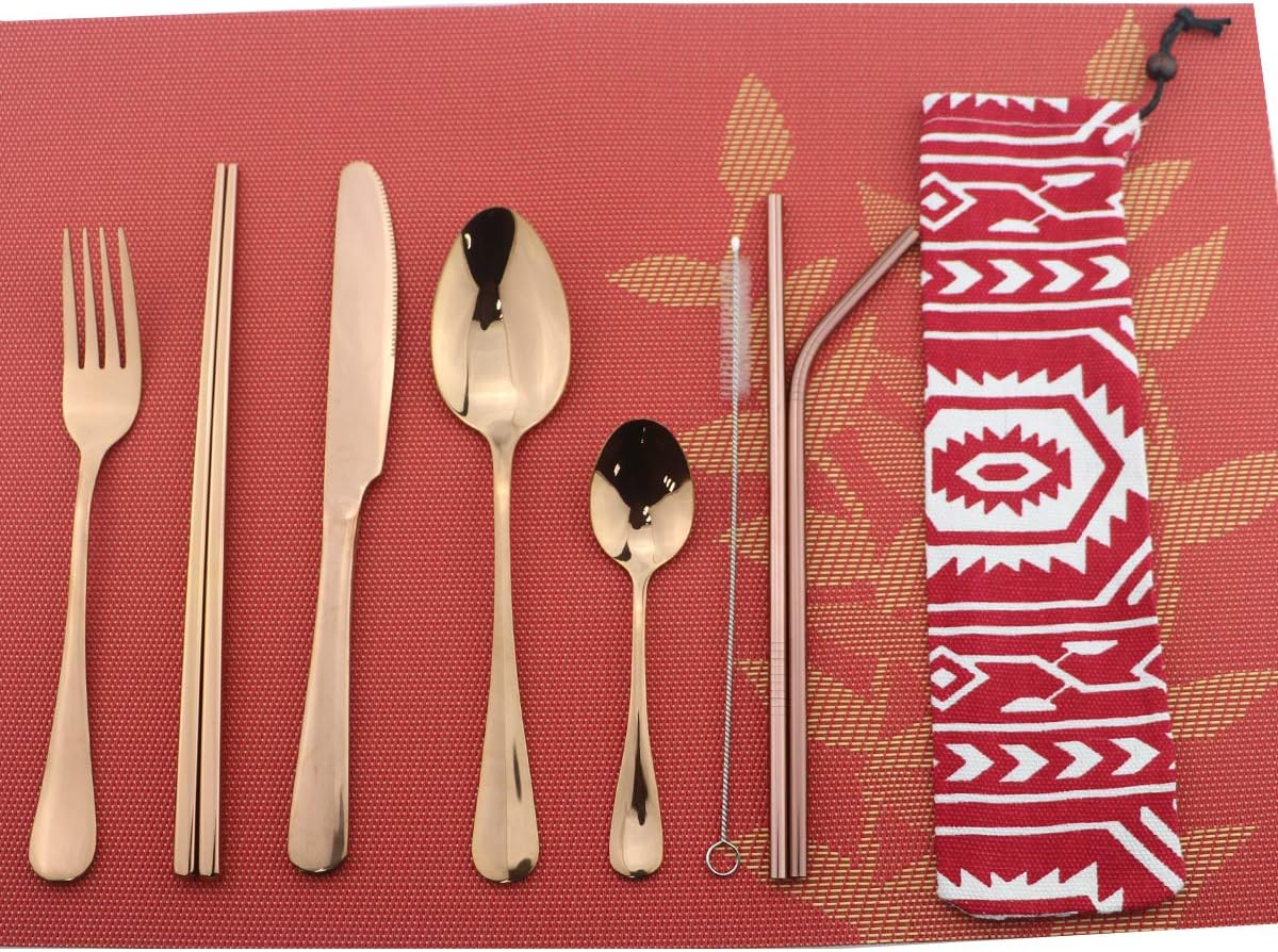 8 Pieces Stainless Steel Mirror Poblished Flatware Set Reusable Cutlery Set Travel Utensils Set with Straws for Camping Office or School Lunch,Dishwasher Safe (Rose Gold)