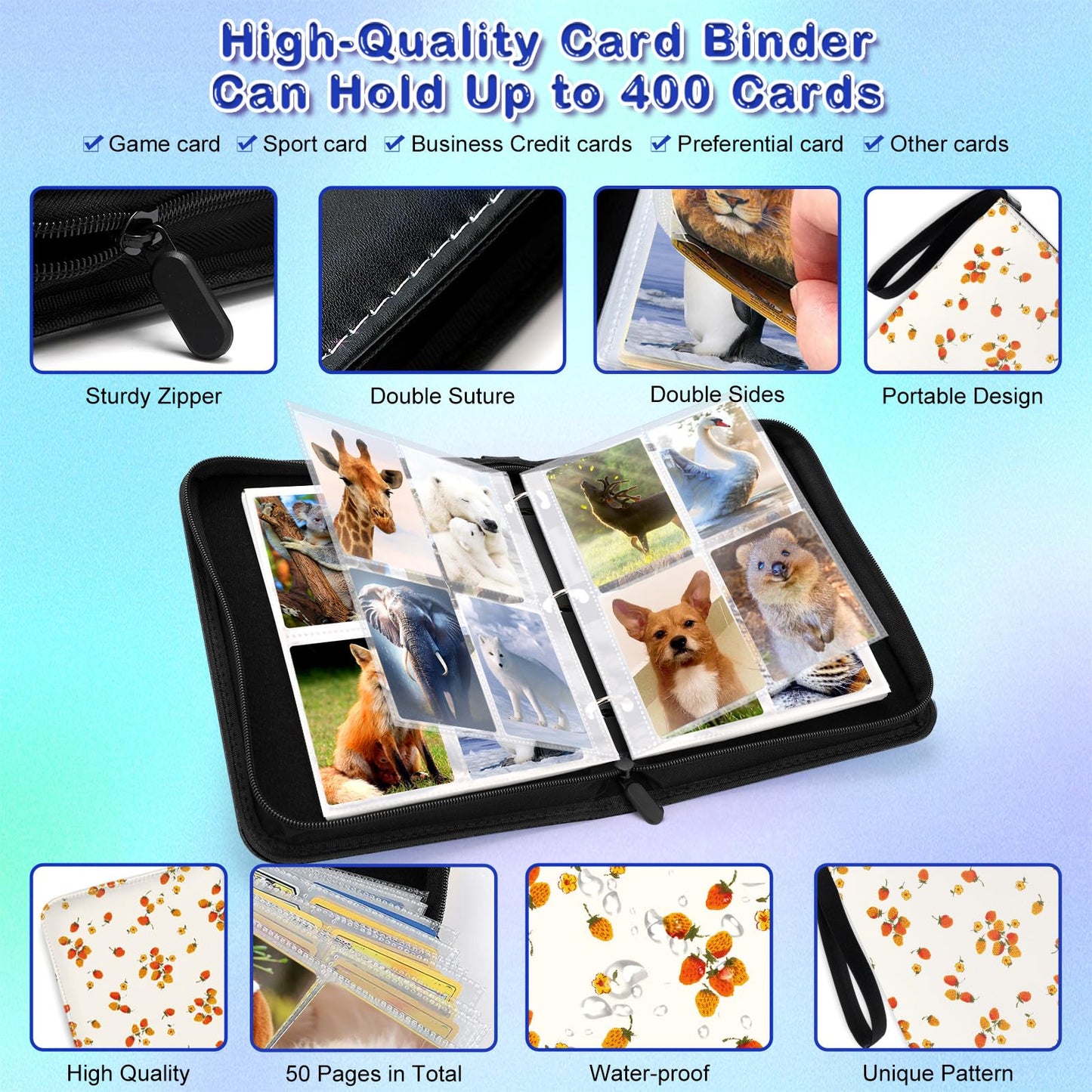 400 Pockets Card Binder, 4-Pocket Trading Card Binder Album Holder Storage Book for Game Cards with 50 Removeable Sleeves, Ideal Baseball Binder Fit 400 Cards, Gift for Kids Adults