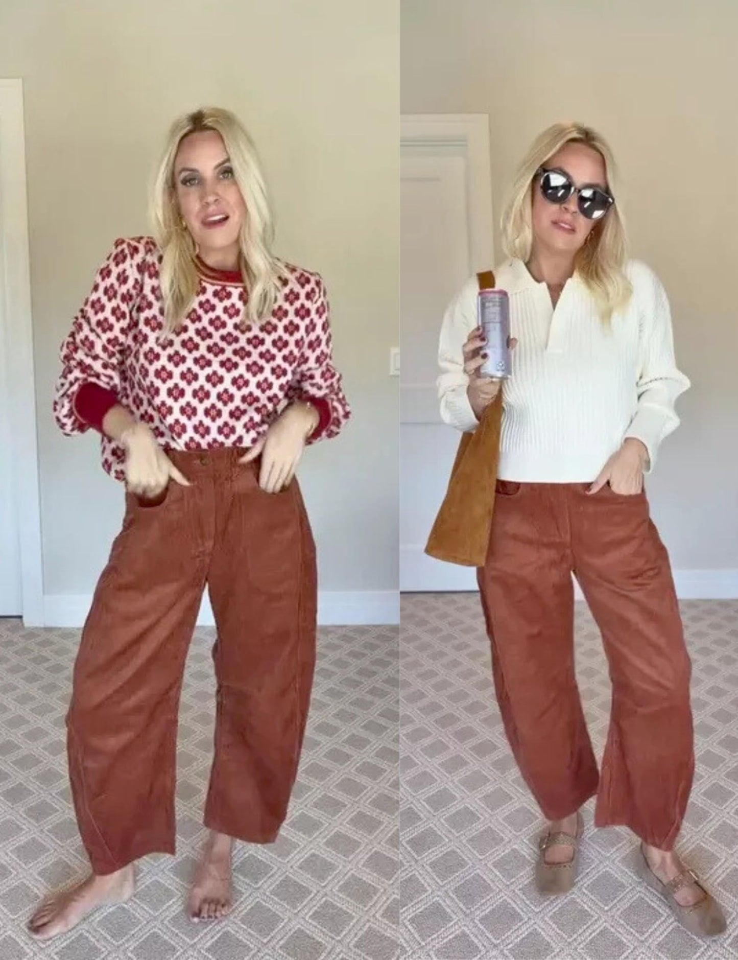 Lviefent Womens Mid Rise Cord Barrel Jeans Casual Baggy Wide Leg Corduroy Cropped Ankle Pants with Pockets (Burgundy-S)