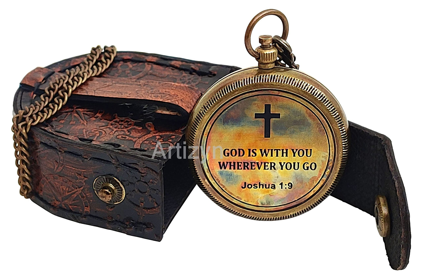 Brass Compass Engraved with Bible Scripture God is with You Wherever You Go Joshua 1:9 Religious Gift, Directional Magnetic Compass with Chain & Leather Carry Case, Baptism Gifts, Confirmation Gifts