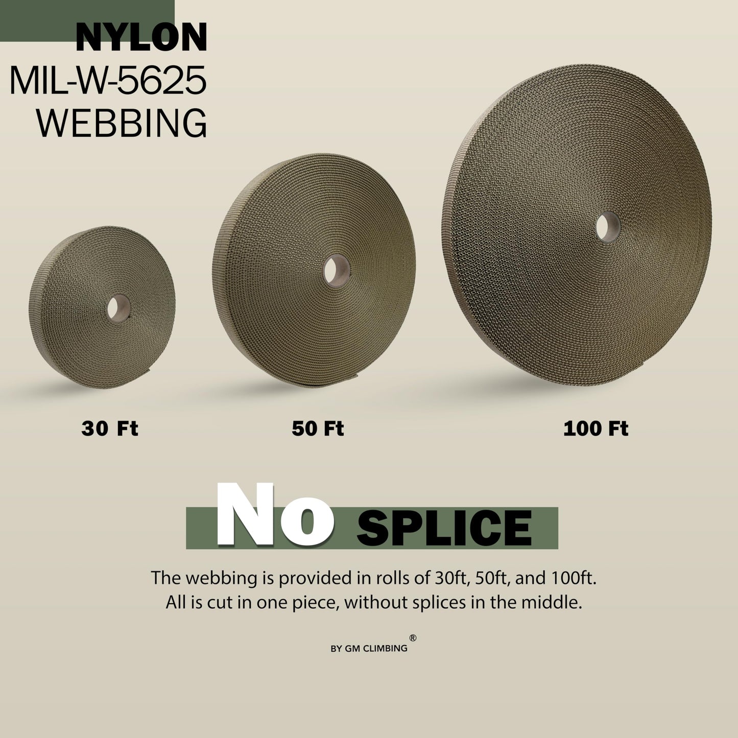 GM CLIMBING 1 inch MIL-W-5625 Nylon Tubular Webbing Milspecs 4000Lbs Durable for Outdoor Tactical Parachute Climbing Rescue Survival Tie Down 1 inch x 50Ft Tan 499