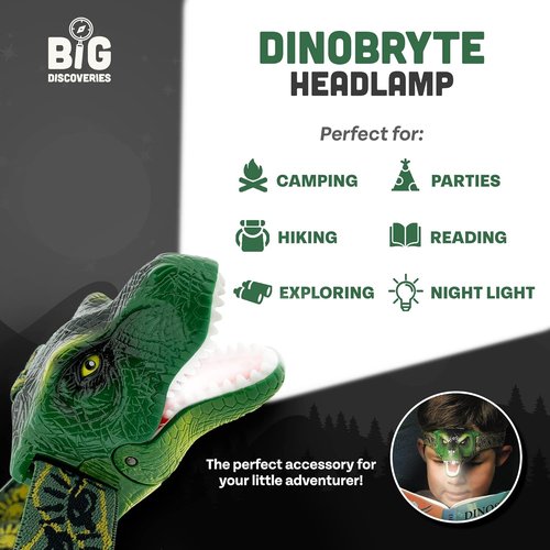 Big Discoveries Original DinoBryte LED Headlamp Roaring T-Rex Dinosaur Head Lamp for Kids | Dino Toy Headlight Flashlight for Boys, Girls, or Adults