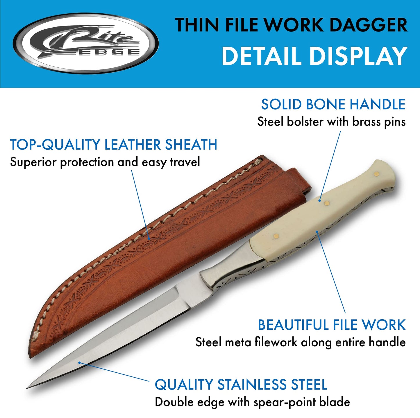 SZCO Supplies DH-8037BO Slim Full Tang Bone Handle File Work Double Edged Knife with Sheath, 8.5" Length