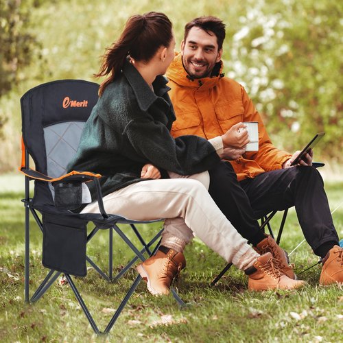 EMERIT 2 Pack Oversized Padded Camping Chair, 350LB Heavy Duty Quad Fold Chair with Arms, Collapsible Outdoor Chairs with Lumbar Back & Cup Holder
