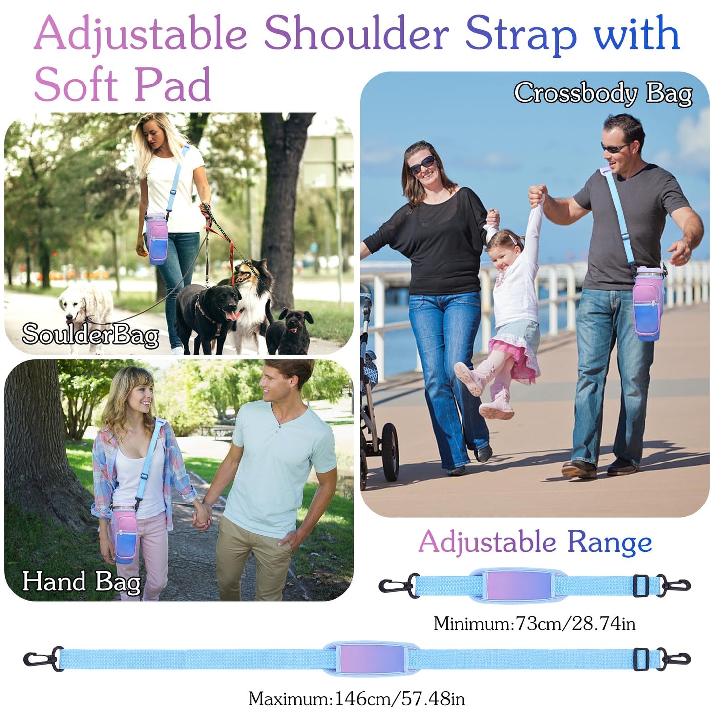 Jecten Water Bottle Carrier Bag Fit for 40oz Stanl-ey Tumbler with Handle, Water Bottle Holder Bag with Adjustable Shoulder Strap for Hiking Travelling Camping (Gradual Purple)