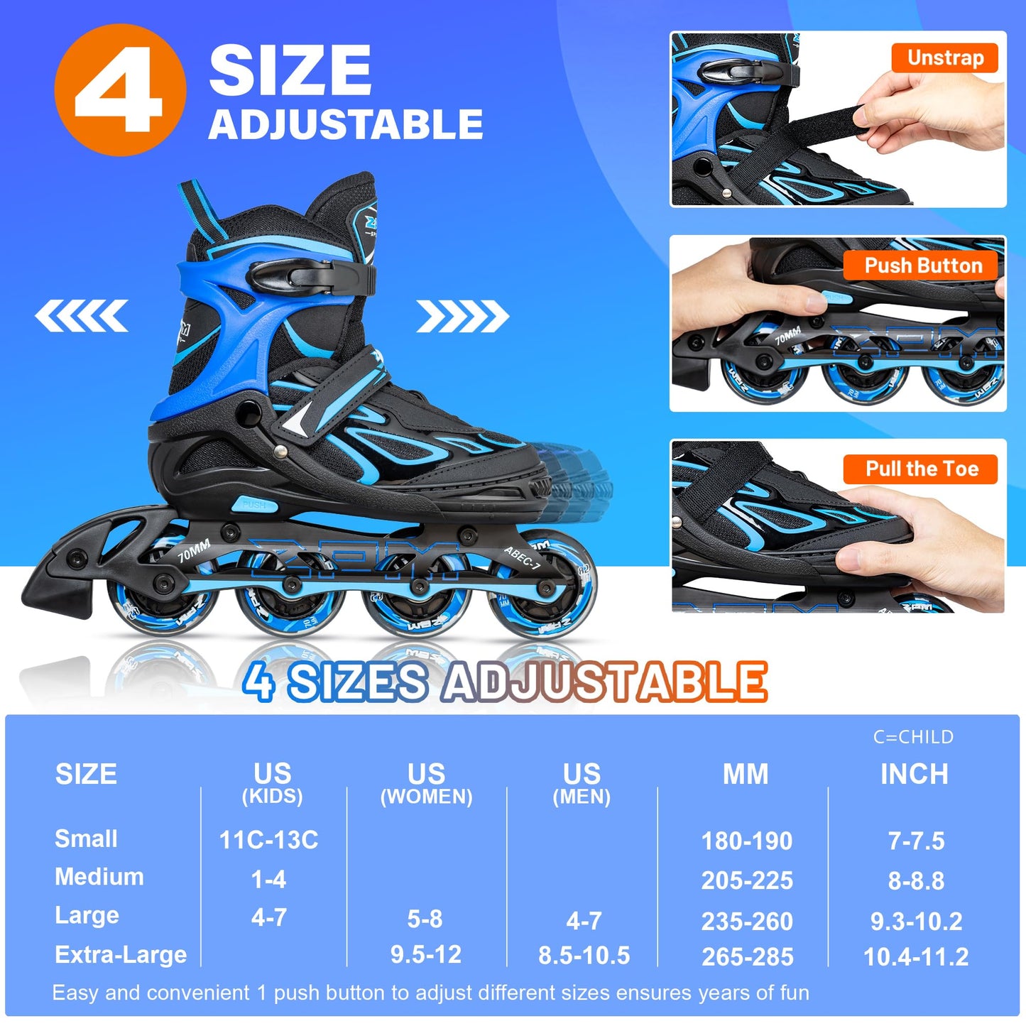 2PM SPORTS Vinal Boys Adjustable Flashing Inline Skates, All Wheels Light Up, Fun Illuminating Skates for Kids and Men- Azure Small (11C-13C US)