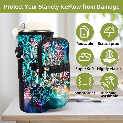 icolor Water Bottle Carrier Bag for Stanley IceFlow Flip Straw Tumbler 20oz Stanley IceFlow Mug Carrying Holder Neoprene Sleeve Stanley Cup Accessories Pouch Crossbody Sling for Travel Fitness