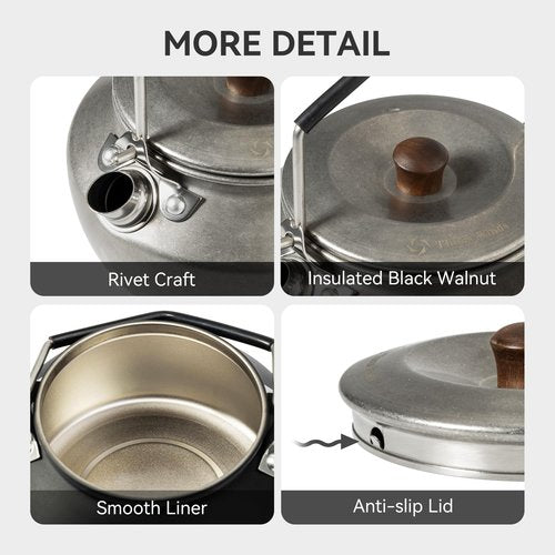 Thous Winds 0.6 Liter Lightweight Stainless Steel Camping Kettle Portable Camp Tea Pot, Outdoor Campfire Use, Retro Silver