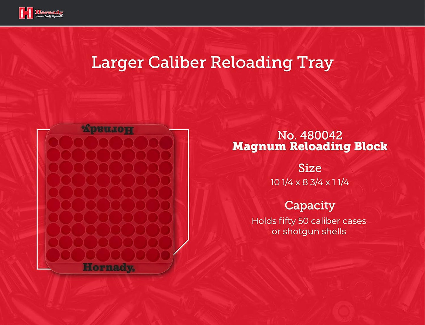 Hornady Magnum Loading Block, 480042 - Keep Your Reloading Bench Clean and Uncluttered with This Large Caliber Reloading Tray - Includes 100 Total Slots to Store 50 BMG Cases or Shotgun Shells