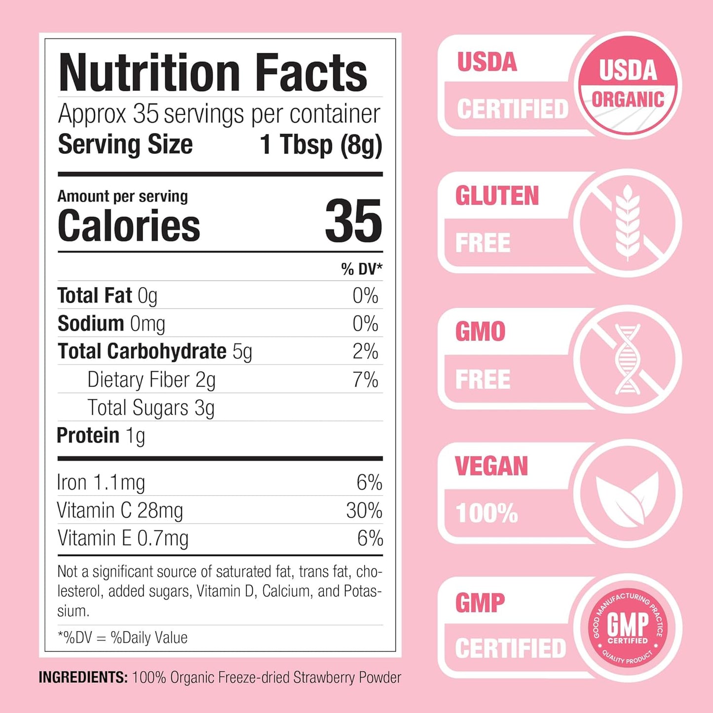Nature Restore USDA Certified Organic Freeze Dried Strawberry Powder, 8 Ounces, Non GMO, Gluten Free, Vegan