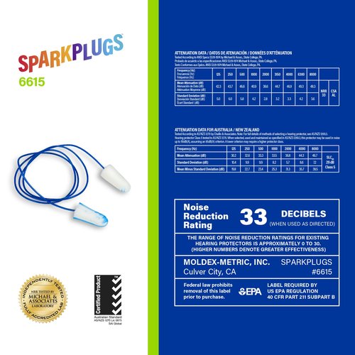 Moldex SparkPlugs® Metal Detectable Corded Disposable Foam Earplug 6615, NRR 33dB