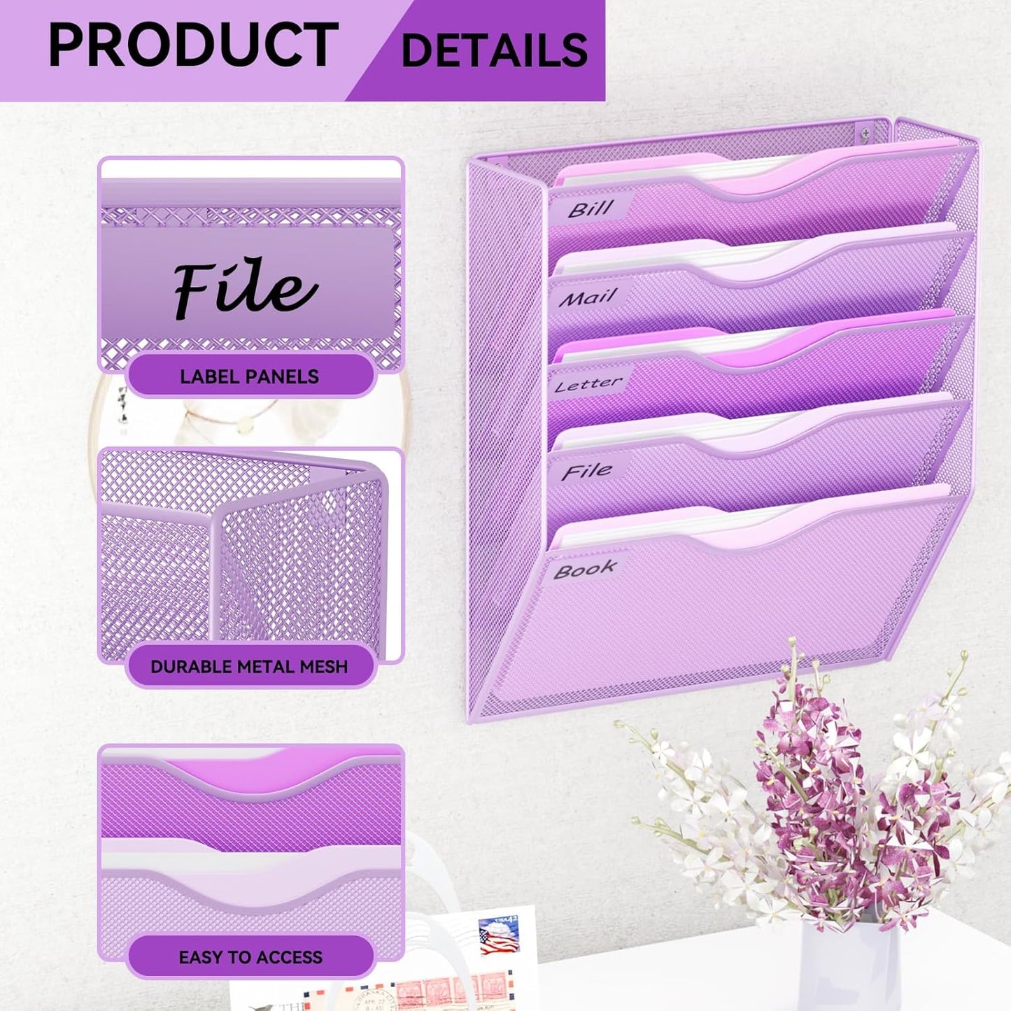 5 Pockets Mesh Hanging Wall File Holder Organizer Wall Mounted Paper Magazine Rack, Black