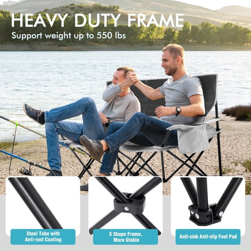 Double Camping Chair for Adults Folding Loveseat 2 Person Camping Couch with Cooler Bag Heavy Duty Oversized Lawn Chair Support 550 lbs for Outdoor Sports Fishing Beach Travel, Picnic, Gray