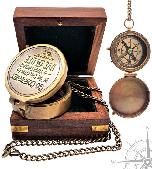 Carfar Nautical Compass Go Confidently in The Direction of your Dreams! Live The Life You've Imagined Engraved Solid Brass Navigational Vintage Marine Compass with Wooden Box