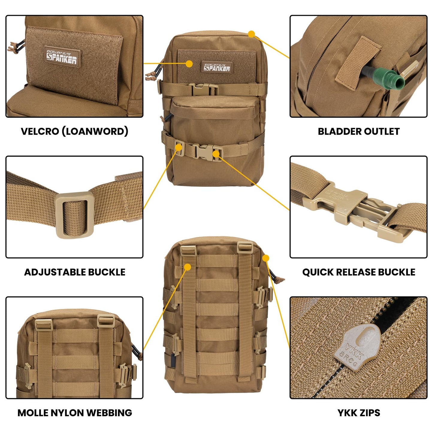 EXCELLENT ELITE SPANKER Tactical Small MOLLE Hydration Pack Water Bladder Carrier Pack for Tactical Vest Backpack Plate Carrier (Coyote Brown-Nylon)