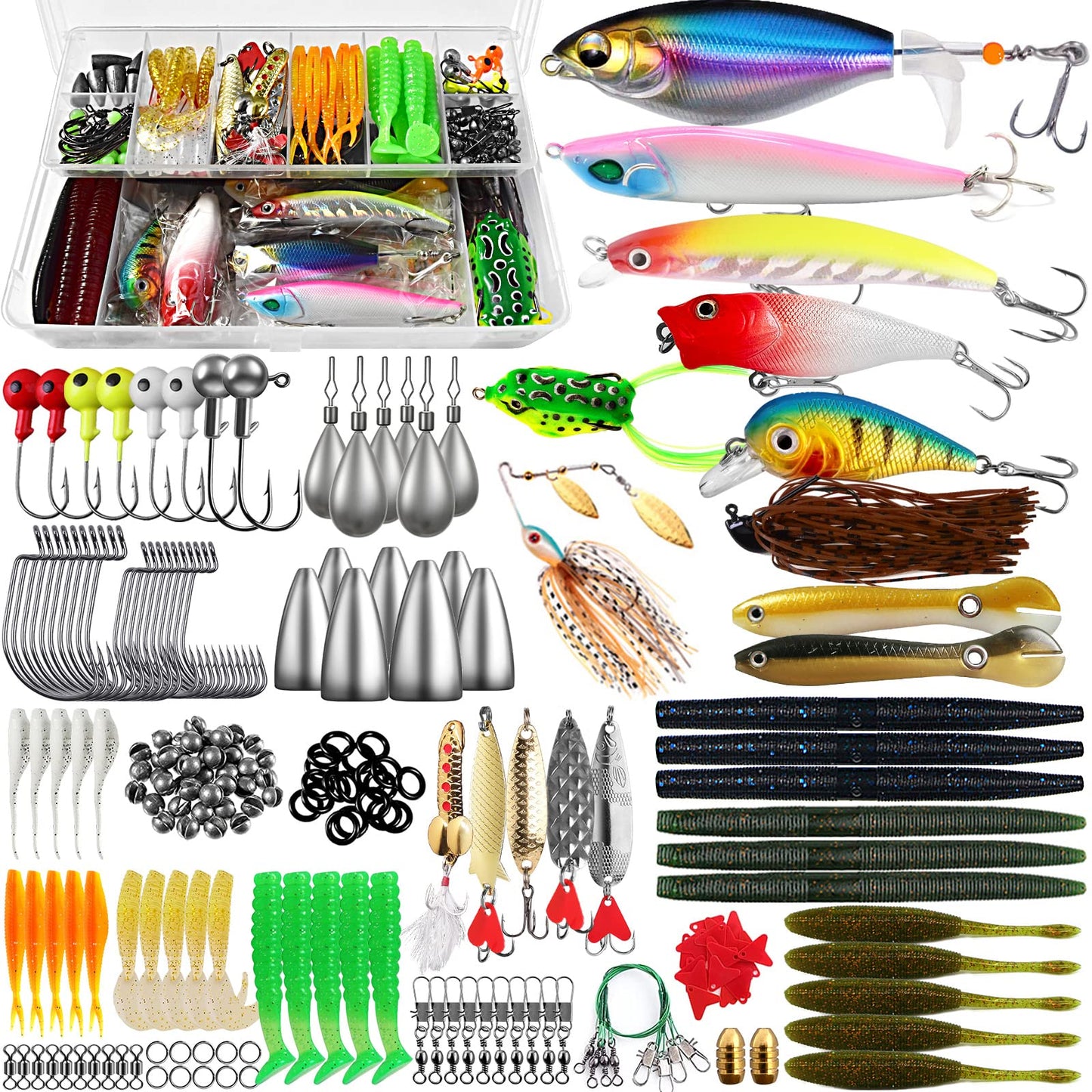 Fishing Lures Tackle Box Bass Fishing Kit,Saltwater and Freshwater Lures Fishing Gear Spinnerbaits, Plastic Worms, Jigs, Topwater Lures, Tackle Box