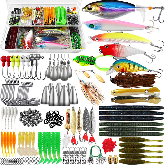 Fishing Lures Tackle Box Bass Fishing Kit,Saltwater and Freshwater Lures Fishing Gear Spinnerbaits, Plastic Worms, Jigs, Topwater Lures, Tackle Box