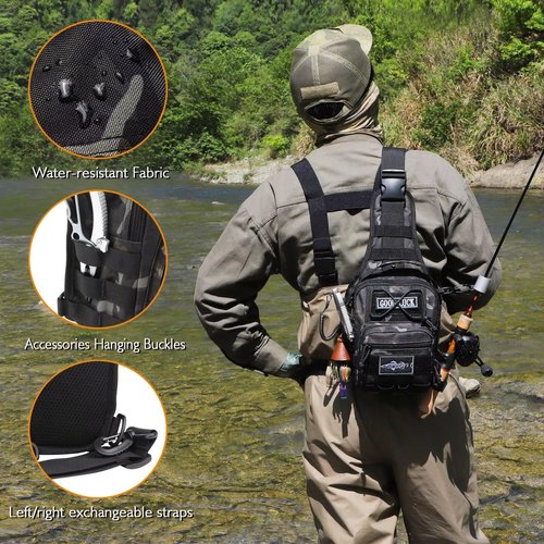 Dovesun Small Fishing Backpack, Fly Fishing Sling Pack Waterproof Backpack with Tackle Boxes | Rod Holder Shoudler Tackle Bag for Men Black