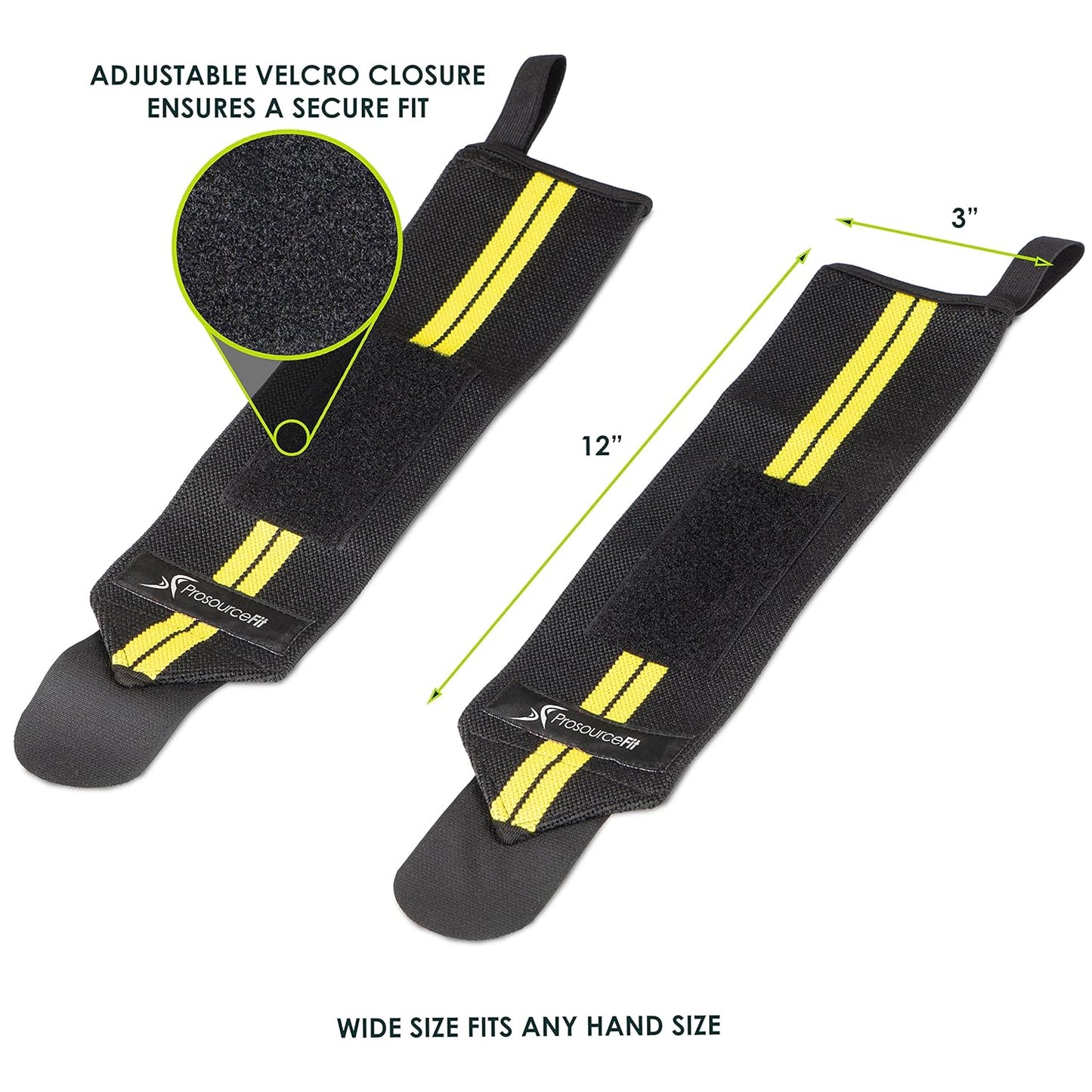 ProsourceFit Pair of Barbell Weight Lifting Wrist Wraps Support with Thumb Loop, Yellow