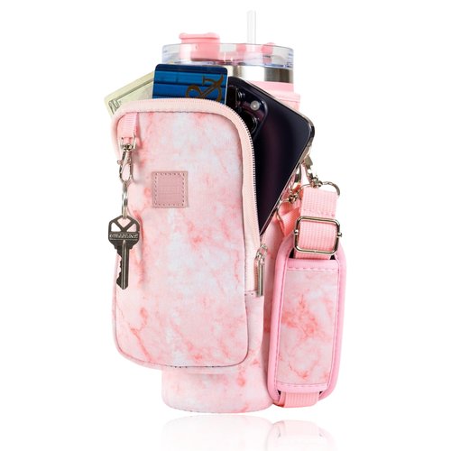 Made Easy Kit Tumbler Cup Carrier w/Handle Opening for 40oz Bottles - Cell Phone Sized Pocket & Adjustable Padded Shoulder Strap - Metal Hardware, Key Hook (Pink Marble, Tall Large)