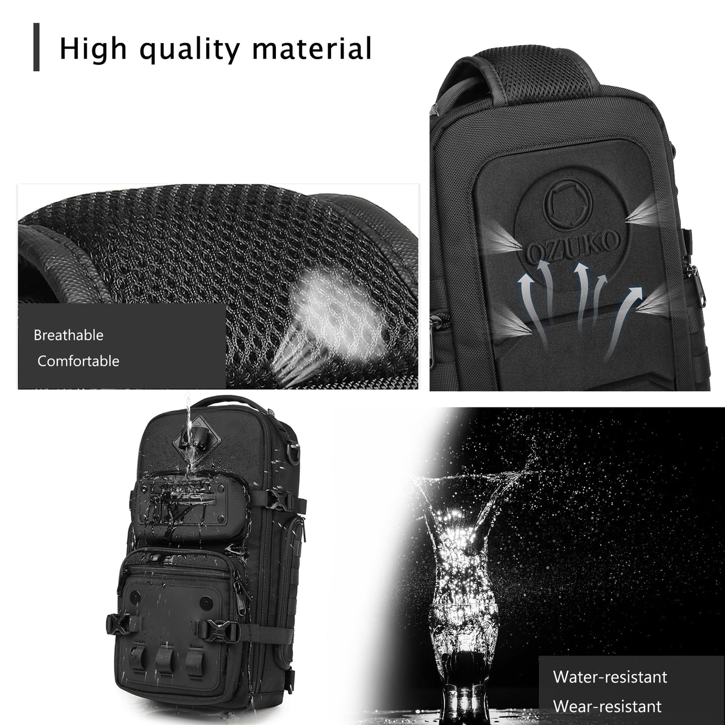 OZUKO Multipurpose Sling Bag for Men, Large Capacity Crossbody Shoulder Bag Waterproof Sling Chest Backpack with Tripod Holder Fit for Outdoor Travel Photography (Black)