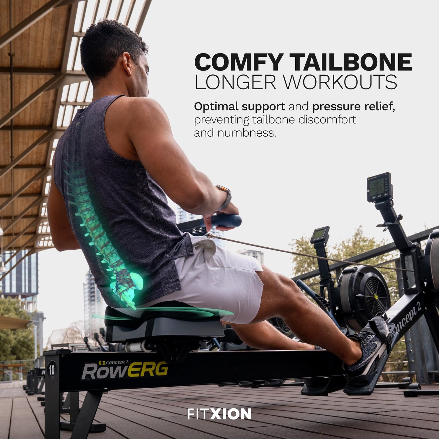 FitXion Rowing Machine Seat Cushion – Ergonomic Tail Bone Comfort Memory Foam Pad for Concept 2, Water Rower, Peloton or Recumbent Bike. Anti-Slip Base, Buckled Straps for Indoor Rowing Workouts