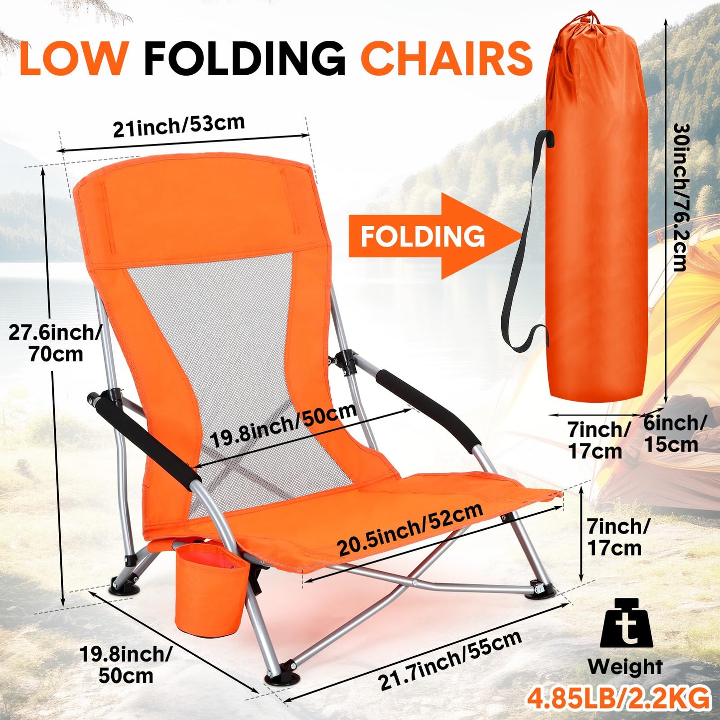 FillTouch 6 Packs Low Beach Chairs Portable Folding Beach Chairs for Adults with Cup Holder Carry Bag Low Back Camping Chair Lightweight Folding Lawn Chairs for Outdoor Sand Travel Concert (Orange)