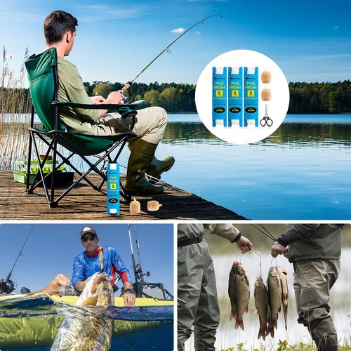 Realure 3 Pcs 5M Fishing PVA Mesh Refill 25/37/44mm Wide PVA Mesh Carp Fishing Accessories with Scissors, Fast Melt Water Soluble PVA Mesh Bag Fishing for Boilie, Bait, Precise Feeding (37mm)