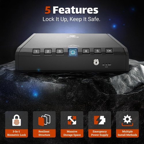 LITIRIS Gun Safe for Handgun, Large Biometric Gun Safe, Fingerprint Pistol Safe with Large Storage for Home, 3 Ways Quick Access Pistol Gun Lock Box for Car, Home, Truck, Bedside Nightstand, Drawer