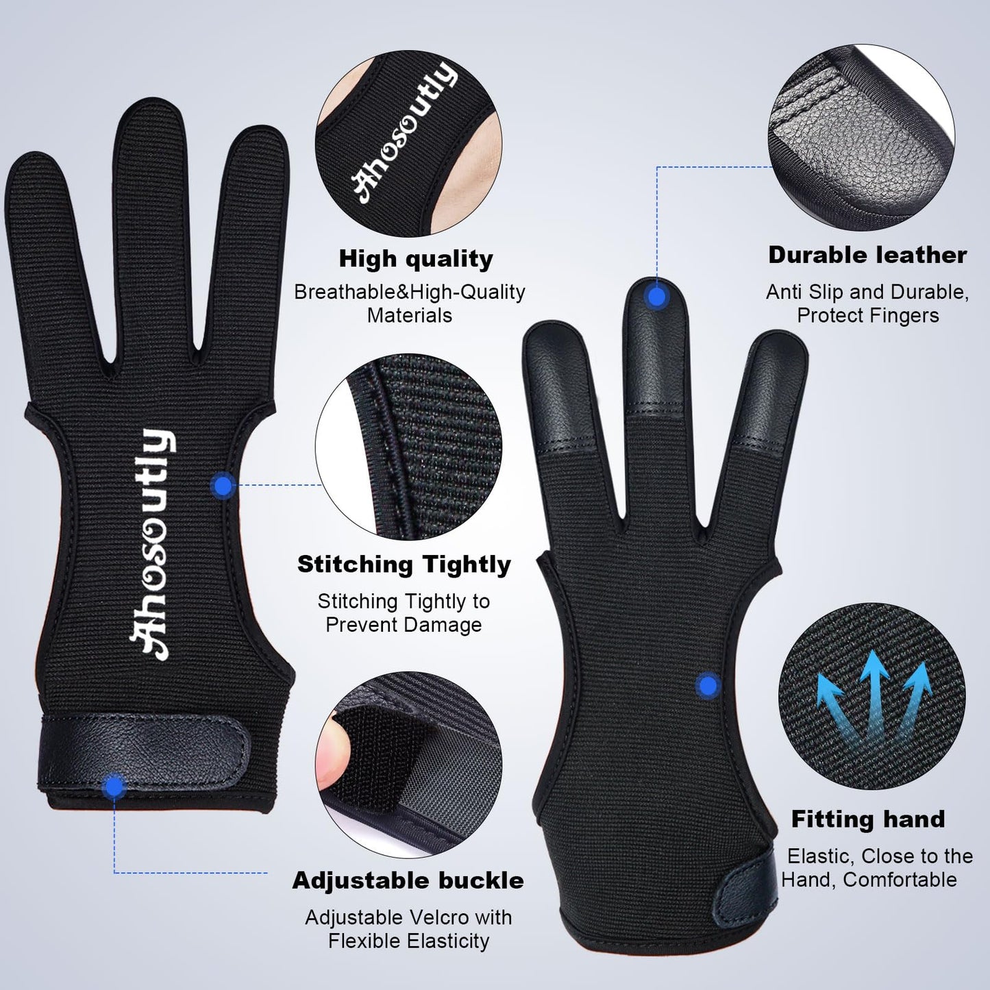 AHOSOUTLY Archery Glove Three Finger Leather Elasticity Archery Protective Gloves Archery Shooting Gloves for Adult and Kids,Protective Gear (Black, Medium)