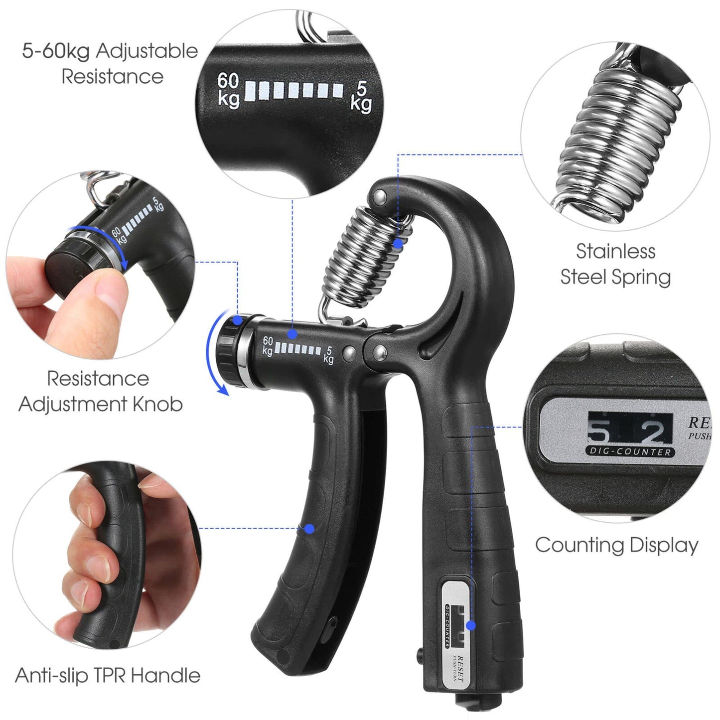 FRASSER [Upgraded Version] Hand Grip Strengthener with Counter, Adjustable Resistance 10Lbs-132Lbs, Non-Slip Gripper for Wrist Strength, Forearm Exercise, Muscle Building and Injury Recoveries