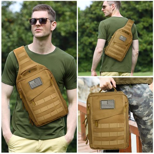 HAOMUK Tactical Sling Bag Backpack for Men with Pistol Holster Military Shoulder Crossbody Bag for Concealed Carry - Khaki
