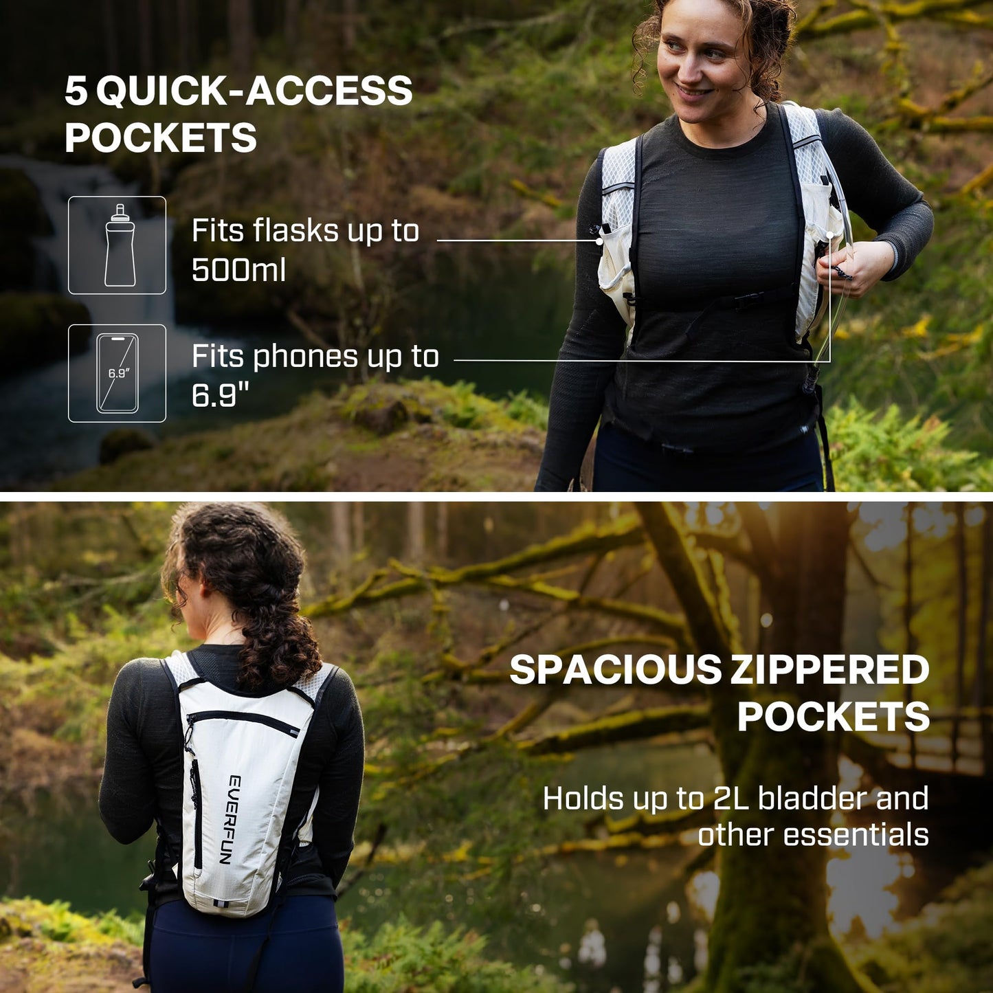 EVERFUN Hydration Backpack Running Vest Small Hiking Water Backpack with 1.5L Water Bladder for Women Men, Lightweight Reflective Dayhike Hydro Pack for Trail Running, Biking, Race, Marathons, Black