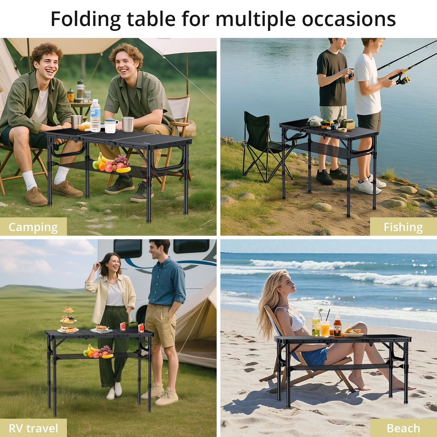 Anbte Folding Camping Table with Storage Net, 3ft Camping Table Aluminum Folding Table with 3 Adjustable Height Max 27.5 Inch Picnic Table Portable Table for Outdoor Backyard BBQ, Pure Black