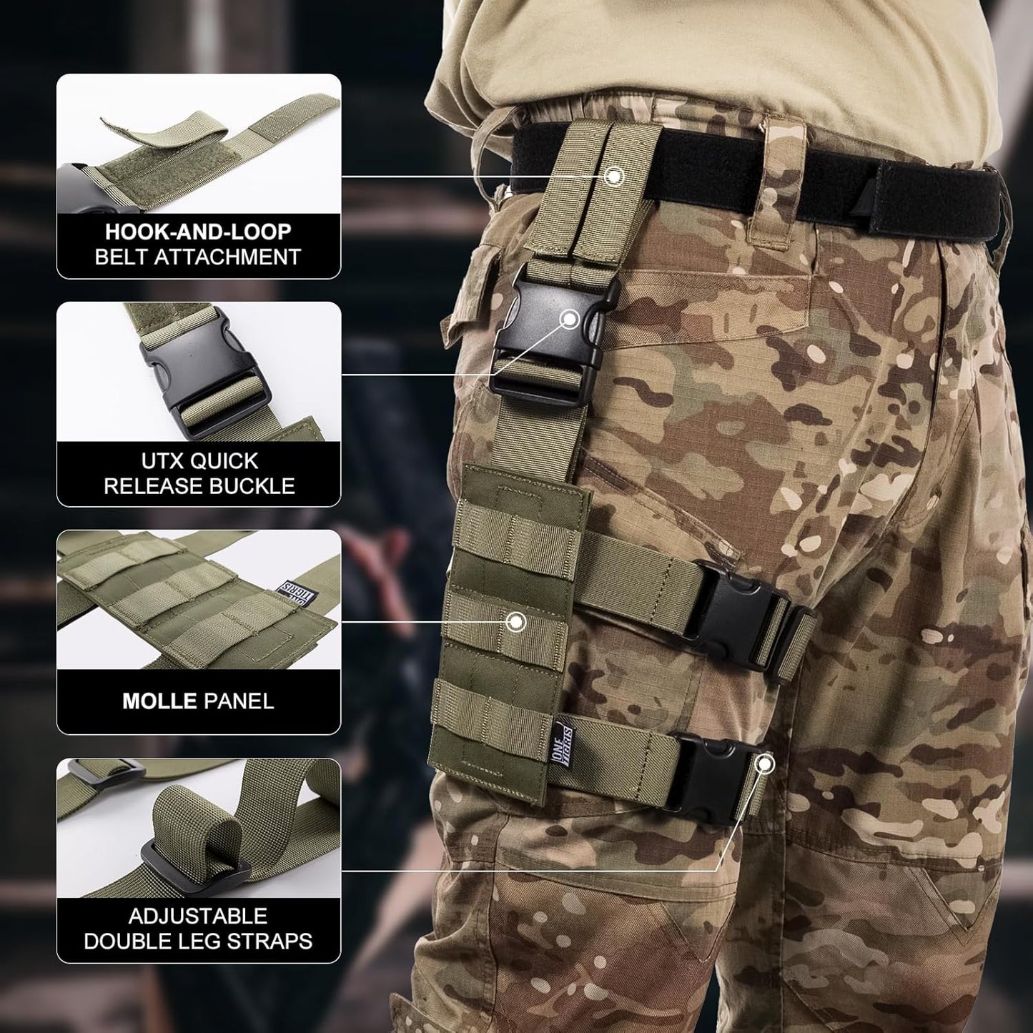OneTigris Mini Molle Panel for Tools, Drop Leg Platform Minimalist Adjustable Thigh Rig for Flashlight Green